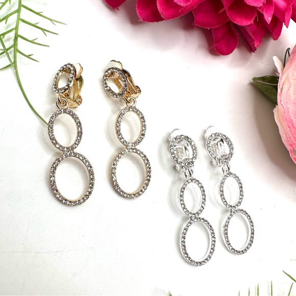 Last Pair!⚜️Classy Crystal Hoop Drop Clip Earrings - Picture 6 of 6